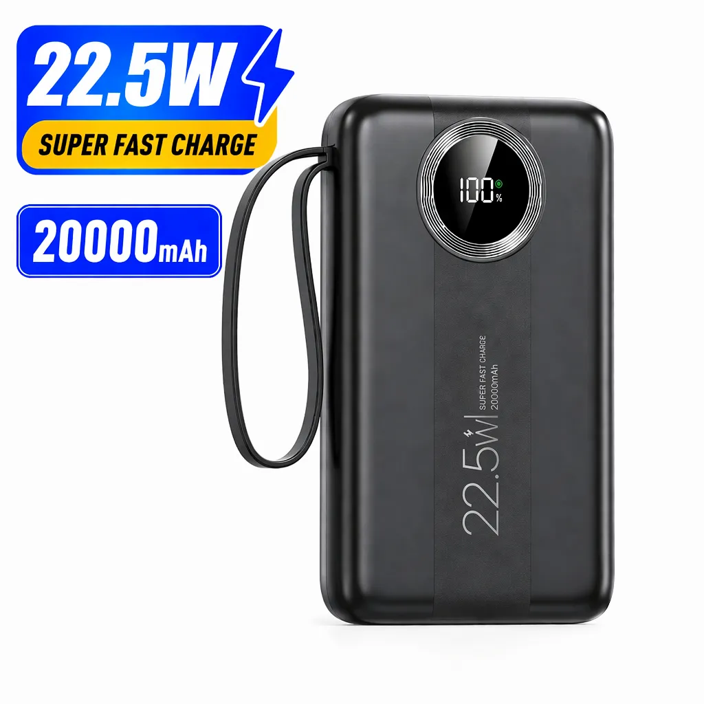 10000mAh High Capacity Plastic Portable Power Bank Li-Polymer Battery Fast Charging 22.5W LED Display Includes 4 Cables