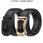 2 Pieces Leather Automatic Buckle Belt - Black And Golden