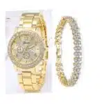 Geneva 2 In 1 Rhinestone Women Watch With Bracelet- Gold