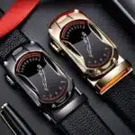 2 Pieces Leather Automatic Buckle Belt - Black And Golden - Image 2