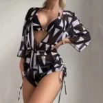 Leaf-print Three-Piece Long-sleeved Swimsuit