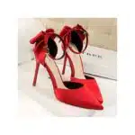 Ladies Bowknot Heels Wedding Pumps Dress Party Shoes Red - Image 4