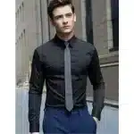 3pcs Men's Solid Color Lapel Collar Design Dress Shirts - Long Sleeve - Black - Image 2