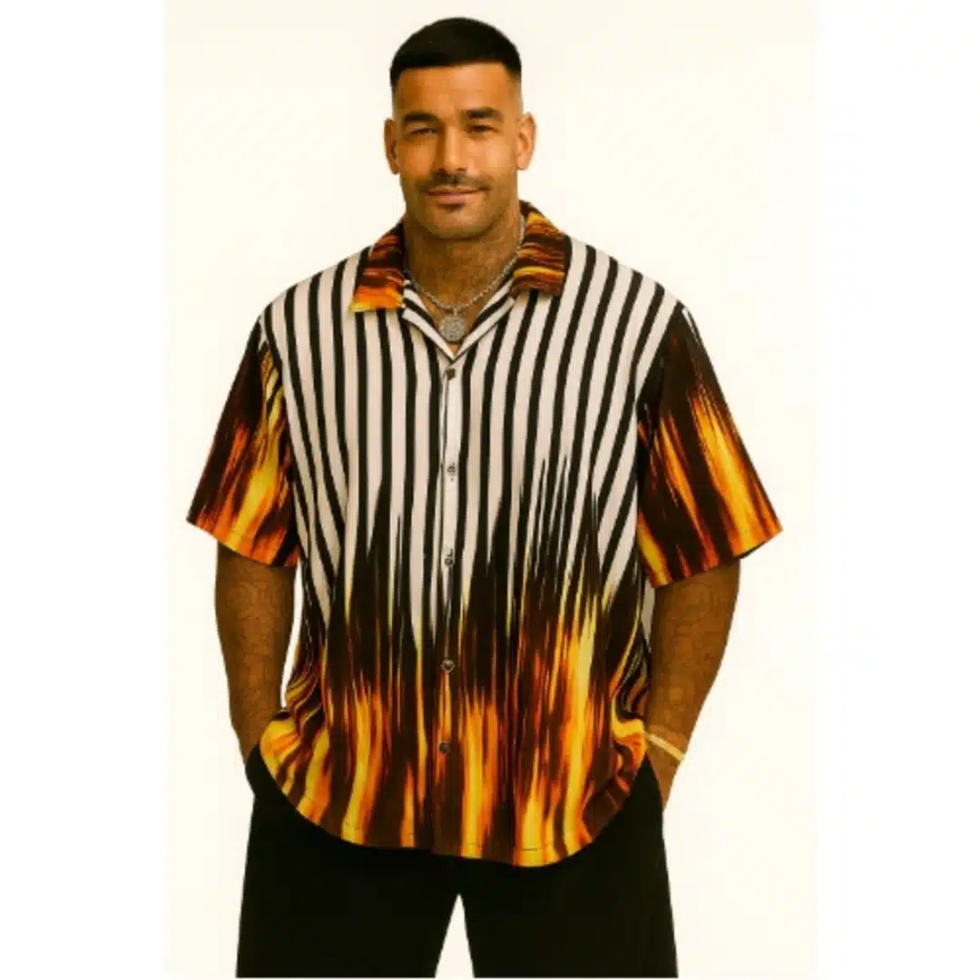 243851_1755435516 Men’s Oversized Vintage Shirt – Velmora Inferno Shirt – Flame & Stripe Blend - Image 1