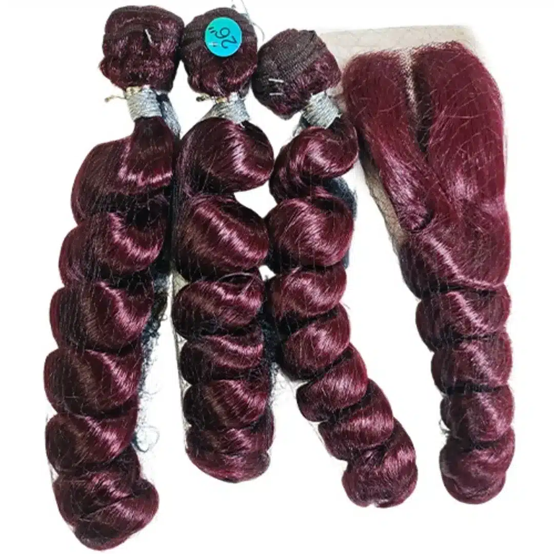 244380_1759757493 Noble M99j Burgundy 26" French Curl Hair Extension with Closure - Premium Real Hair Bundles - Image 1