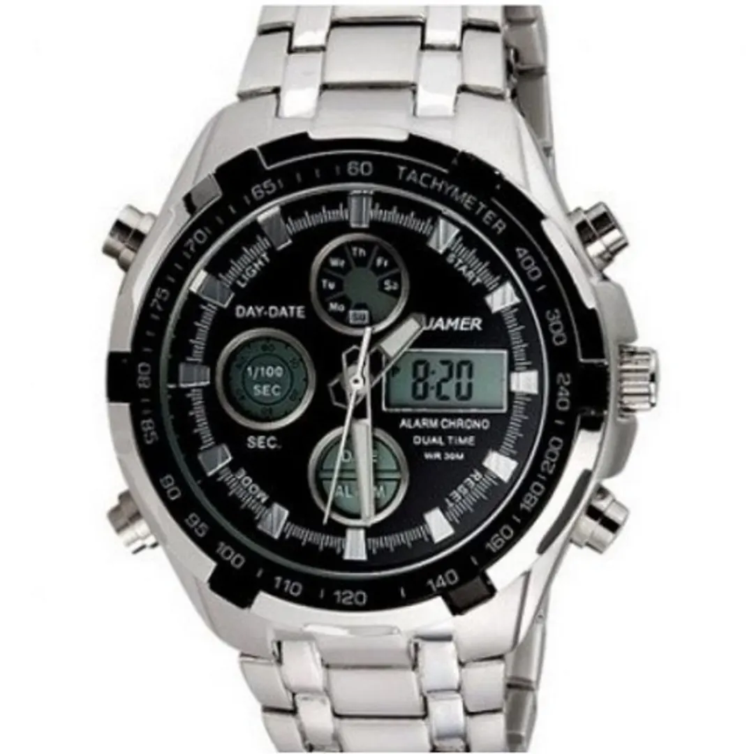 Black-Dial-Stainless-Steel-Analogue-Digital-Watch---Silver-3752274_11 Quamer Black Dial Stainless Steel Analogue Digital Watch - Silver - Image 1