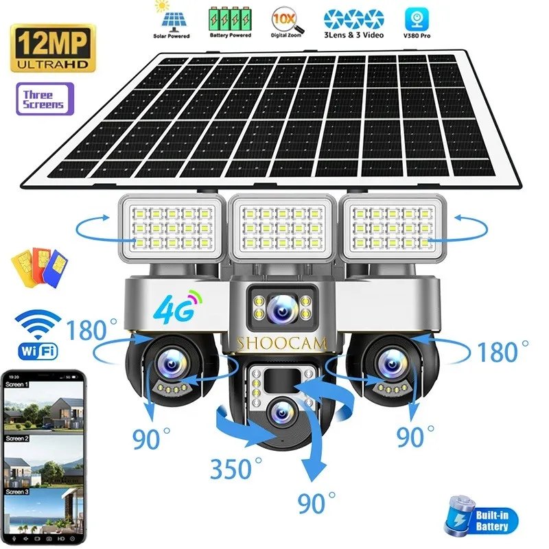 V380 Pro 4G Solar PTZ Security Camera - 3-Lens AI Tracking, Color Night Vision, Wireless CCTV